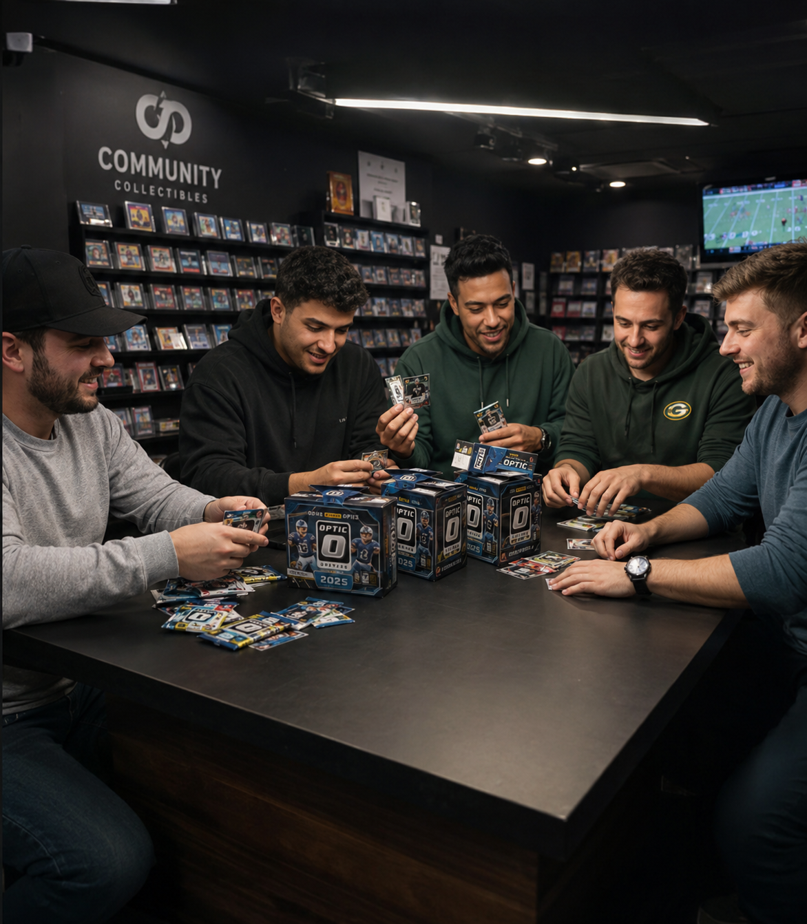 Collectors rip Optic boxes around the table at The Hobby Hub